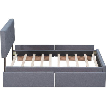 Upholstered Platform Bed with Classic Headboard and 4 Drawers, No Box Spring Needed, Linen Fabric, Queen Size Dark gray