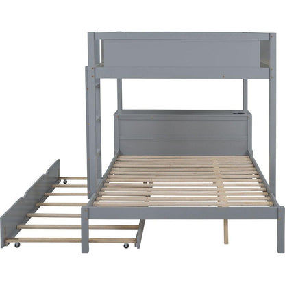 Full-Over-Full Bunk Bed with Twin size Trundle, Storage and Desk, Gray