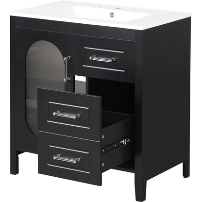 30" Bathroom Vanity with Sink, Bathroom Vanity Cabinet with Two Drawers and Door, Adjustable Shelf, Solid Wood and MDF, Black