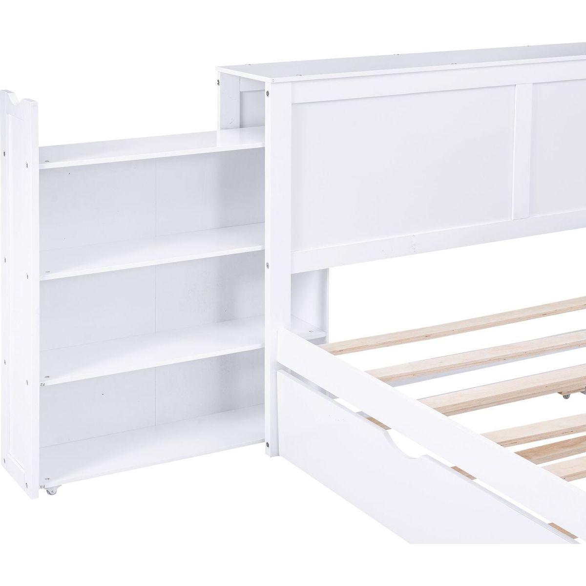 Queen Size Storage Platform Bed with Pull Out Shelves and Twin XL Size Trundle, White