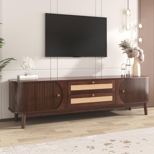 Rattan TV Stand for TVs up to 75", Modern Farmhouse Media Console, Entertainment Center with Solid Wood Legs, TV Cabinet for Living Room,Home Theatre
