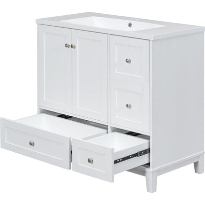 36 Inch Modern Bathroom Vanity with USB Charging, Two Doors and Three Drawers Bathroom Storage Vanity Cabinet, Small Bathroom Vanity cabinet with single sink, White & Gray Blue - Faucets Not Included