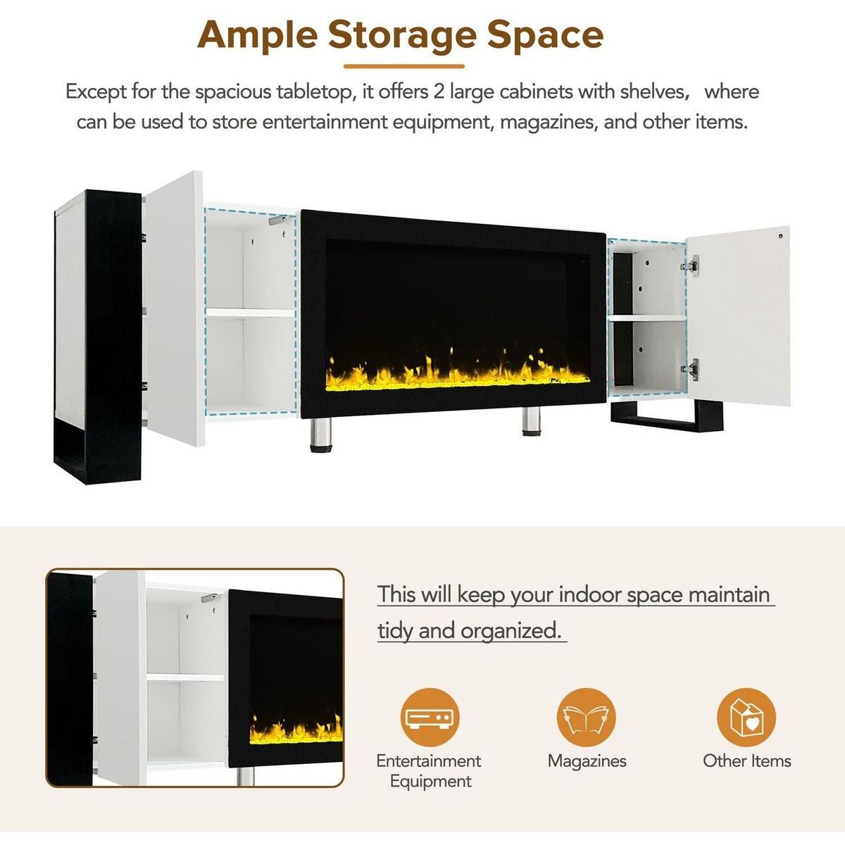 Modern TV Stand with 34.2" Non-heating Electric Fireplace, High Gloss Entertainment Center with 2 Cabinets, Media Console for TVs up to 78", White