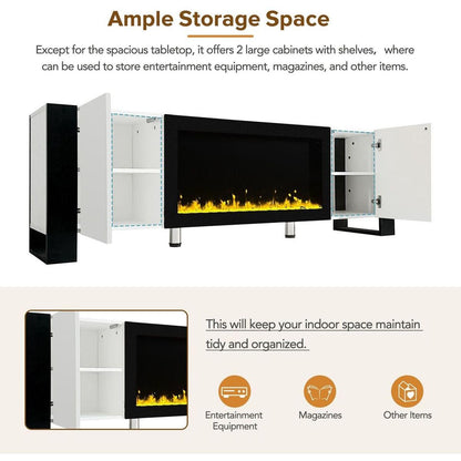 Modern TV Stand with 34.2" Non-heating Electric Fireplace, High Gloss Entertainment Center with 2 Cabinets, Media Console for TVs up to 78", White