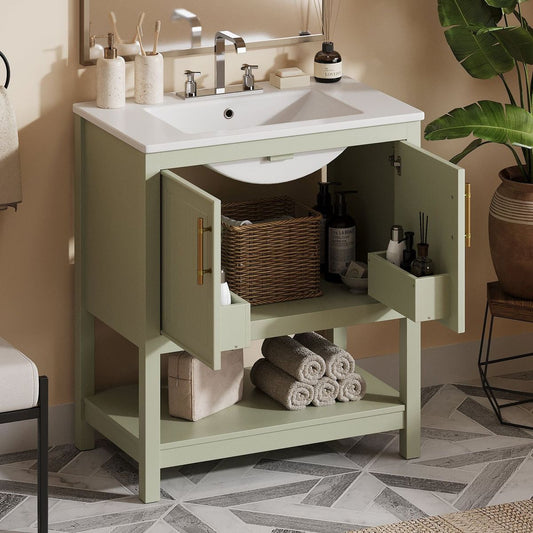 30-Inch Green Bathroom Vanity with Ceramic Sink and Versatile Storage - Ideal for Small Bathrooms