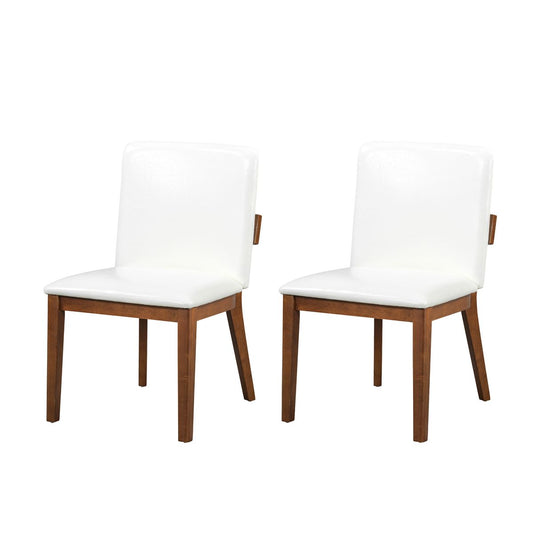 Modern Walnut-Finish Dining Chairs Set of 2 with Glossy PU Leather Upholstery in White