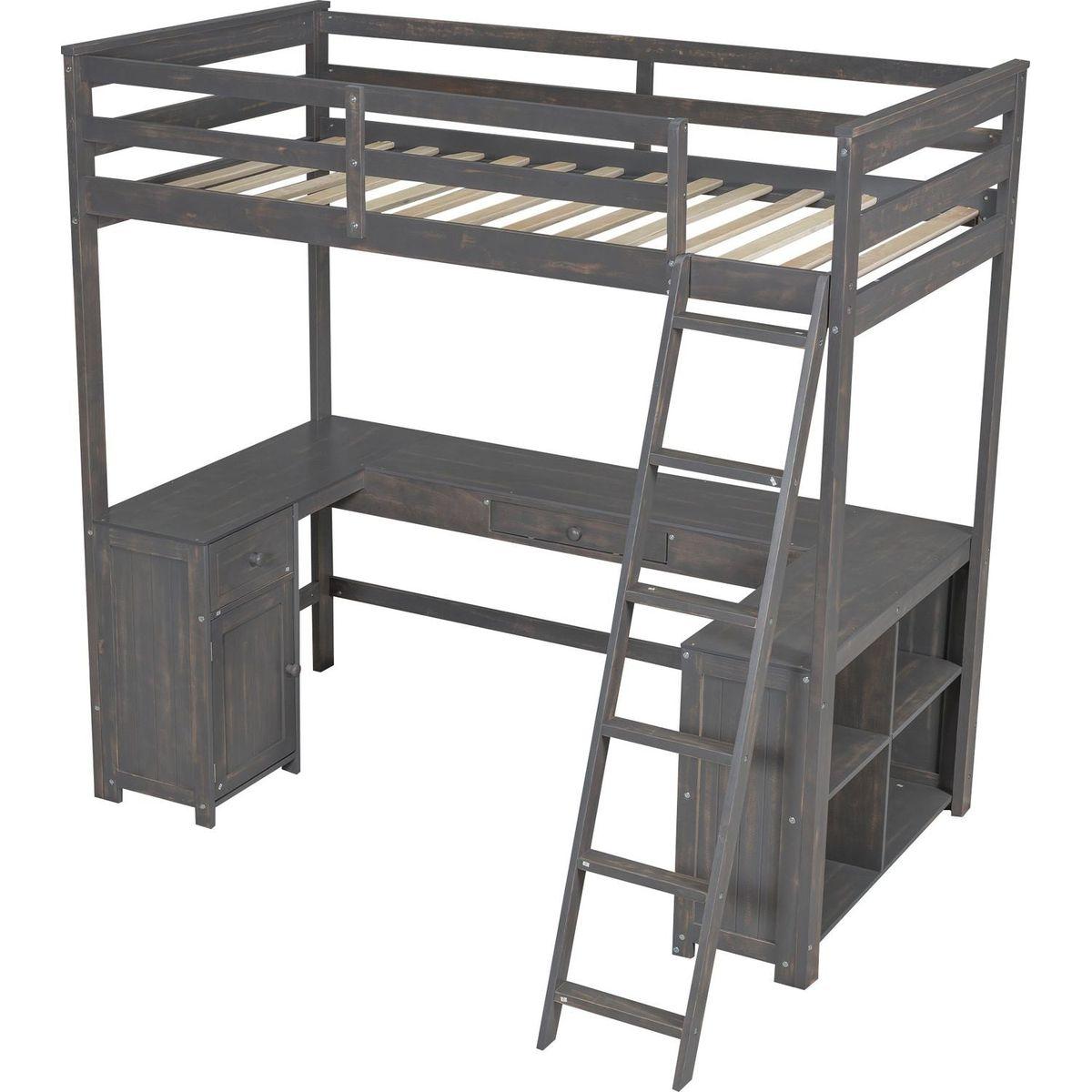 Twin Size Loft Bed with U-shaped Desk, Drawers and Storage Shelves, Antique Brown