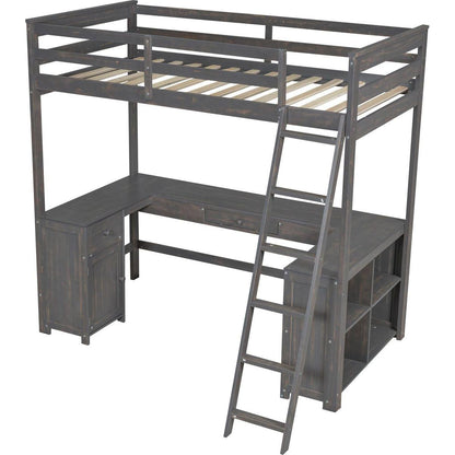 Twin Size Loft Bed with U-shaped Desk, Drawers and Storage Shelves, Antique Brown