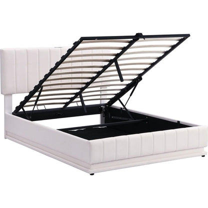 Full Size Upholstered Bed with Hydraulic Storage System and LED Light, Modern Platform Bed with Sockets and USB Ports, White