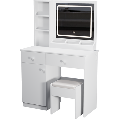 Fashion Vanity Desk with Mirror and Lights for Makeup, Vanity Mirror with Lights and Table Set with 3 Color Lighting Brightness Adjustable, 2 big Drawers, White Color