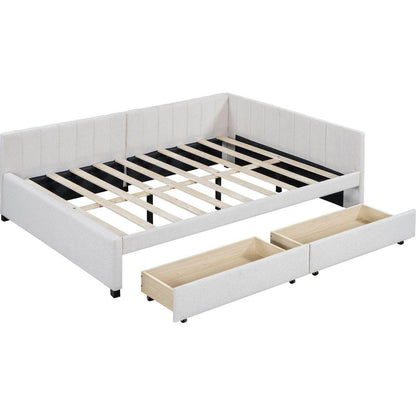 Full Size Upholstered Daybed with 2 Storage Drawers Sofa Bed Frame No Box Spring Needed, Linen Fabric (Beige)