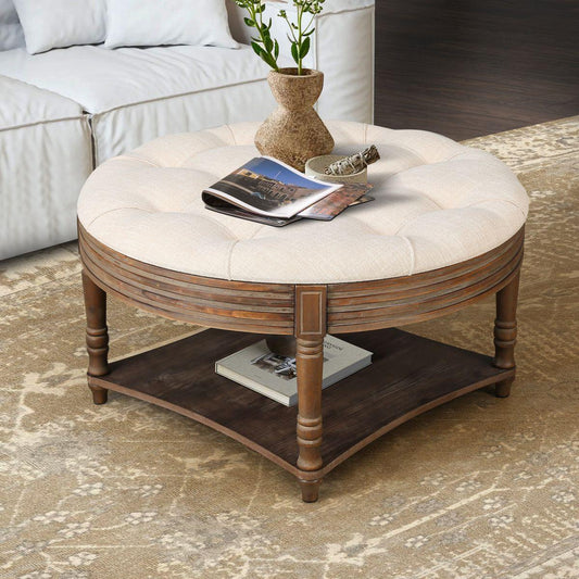 Large Round WaterProof Ottoman Coffee Table 2 Tier Oversized Button Tufted Ottoman with Wooden Shelf Storage Farmhouse Upholstered Coffee Table Living Room Footstool Ottoman Linen(Beige White)