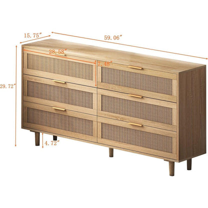 59.06"6-Drawers Rattan Storage Cabinet Rattan Drawer,for Bedroom,Living Room,Natural