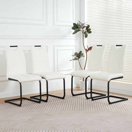 Modern White PU dining chair living room chair upholstered chair, black metal chair leg design, kitchen, living room, bedroom, dining room side chair (Set of 4)