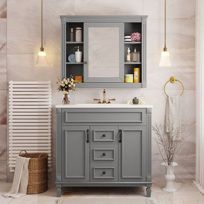 36" Bathroom Vanity with Top Sink, Grey Mirror Cabinet, Modern Bathroom Storage Cabinet with 2 Soft Closing Doors and 2 Drawers, Single Sink Bathroom Vanity