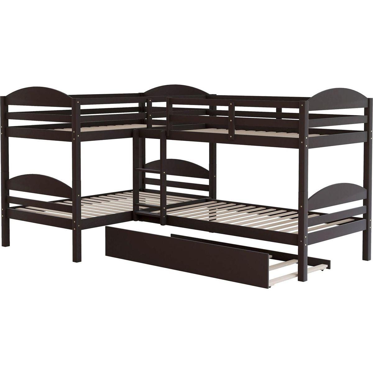 Twin L-Shaped Bunk bed with Trundle-Espresso{O