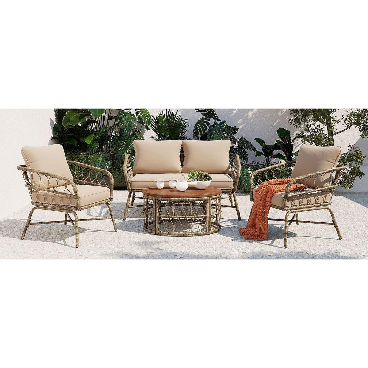 GO Bohemia-inspired 4-Person Outdoor Seating Group With Removable Cushions, Conversation Patio Set With Wood Tabletop, Beige