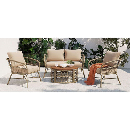 GO Bohemia-inspired 4-Person Outdoor Seating Group With Removable Cushions, Conversation Patio Set With Wood Tabletop, Beige
