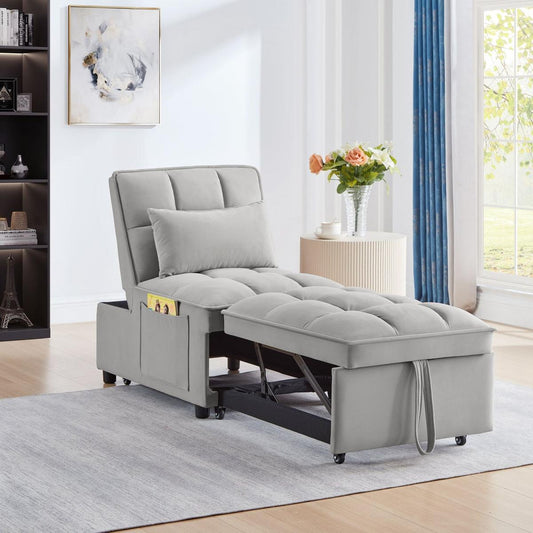4 in1 Multi-Function Single Sofa Bed with Storage Pockets,Tufted Single Pull-out Sofa Bed with Adjustable Backrest and Pillows, Convertible Chaise Lounge,Gray