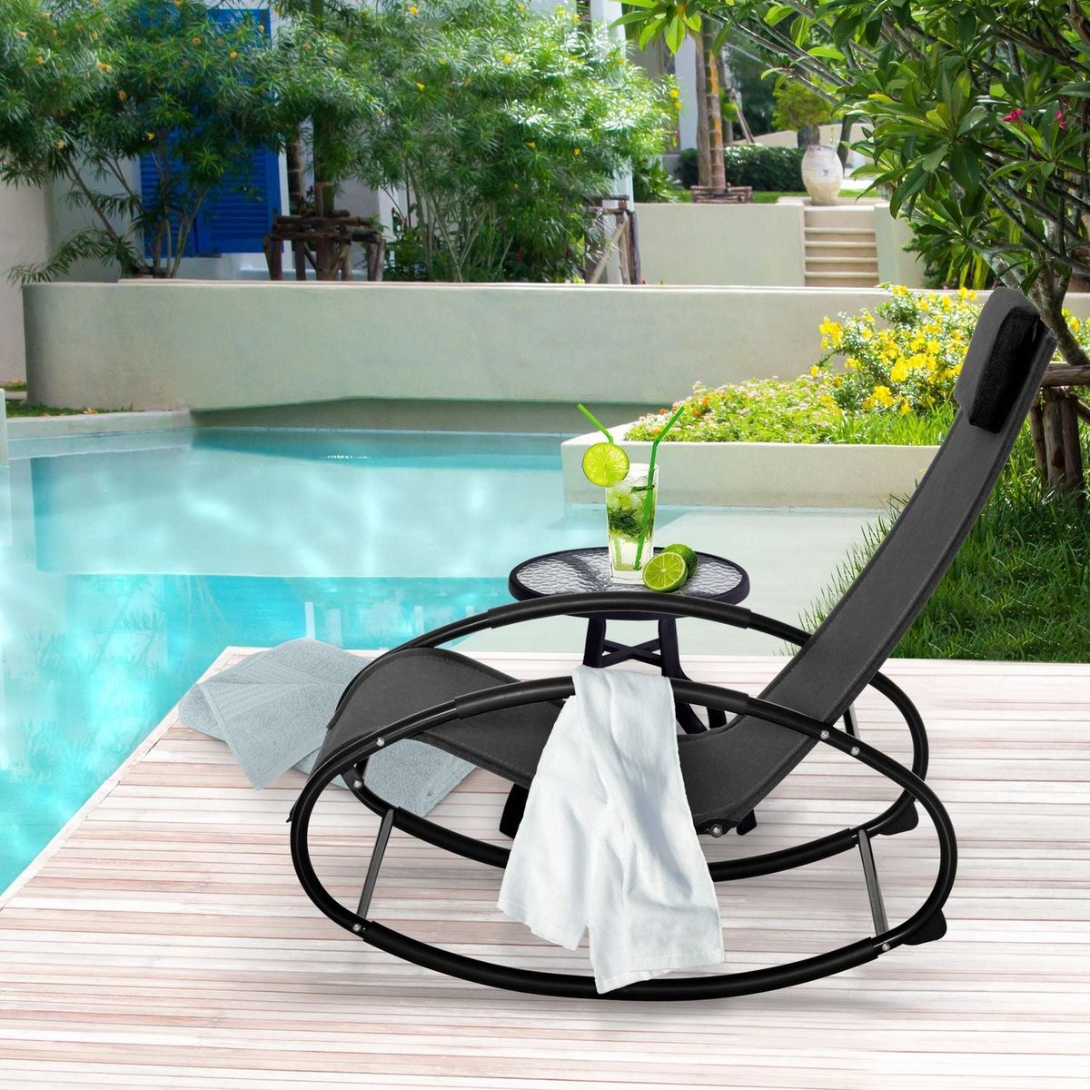 Pool Lounger, Outdoor Rocking Lounge Chair for Sunbathing, Pool, Beach, Porch with Pillow & Cool Mesh, Sun Tanning Rocker, Black