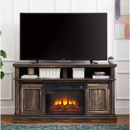 Modern Entertainment Console TV Stand with 23" Fireplace Insert, Multipurpose Sliding Door TV Cabinet Large Storage Space, 58.11"Wx15.79"Dx32.36"H Antique brown