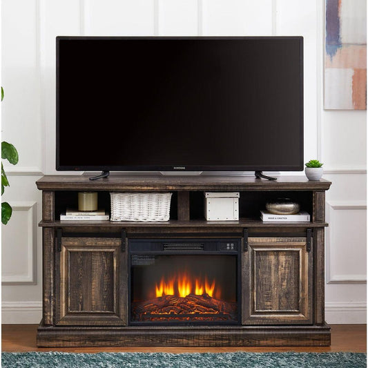 Modern Entertainment Console TV Stand with 23" Fireplace Insert, Multipurpose Sliding Door TV Cabinet Large Storage Space, 58.11"Wx15.79"Dx32.36"H Antique brown