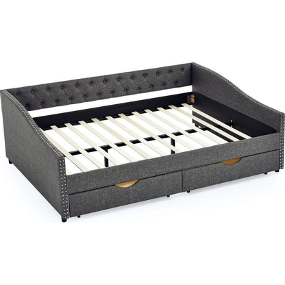 Queen Size Daybed with Drawers Upholstered Tufted Sofa Bed,,with Button on Back and Copper Nail on Waved Shape Arms(84.5"x63.5"x26.5")