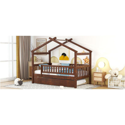 Twin Size Wooden House Bed with Twin Size Trundle, Walnut