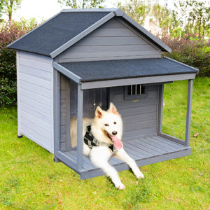 Large balcony doghouse, 44.2' long x 44.6' wide x 44.6' high solid wood asphalt roof dog house for large dogs with large terrace, weatherproof large dog house,