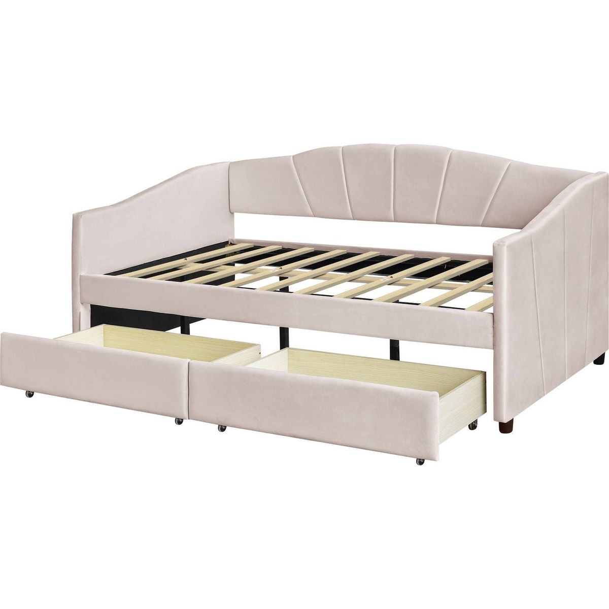 Upholstered daybed Twin Size with Two Drawers and Wood Slat, Beige