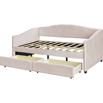 Upholstered daybed Twin Size with Two Drawers and Wood Slat, Beige