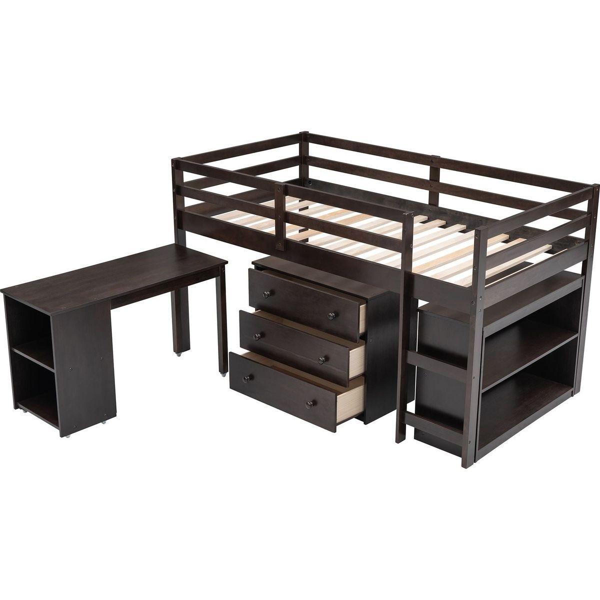 Low Study Twin Loft Bed with Cabinet and Rolling Portable Desk - Espresso