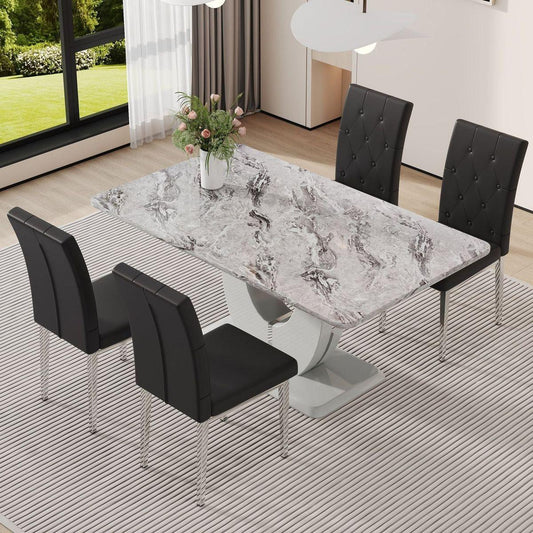 Table and chair set, modern minimalist marble textured rectangular dining table. Suitable for restaurants and living rooms. Soft cushion seats.  F-1280