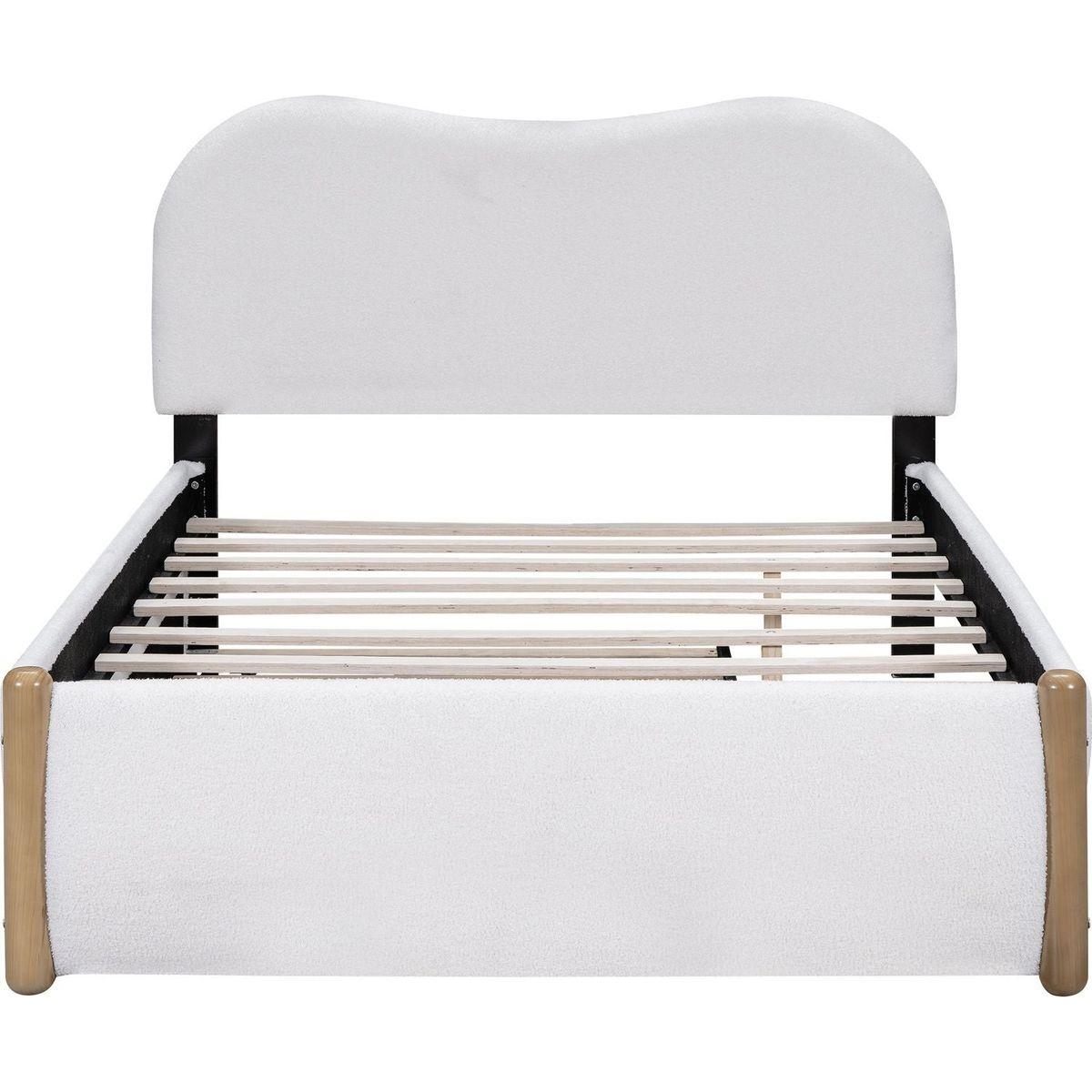 Full Size Upholstered Platform Bed with Wood Supporting Feet and Twin Size Trundle, White