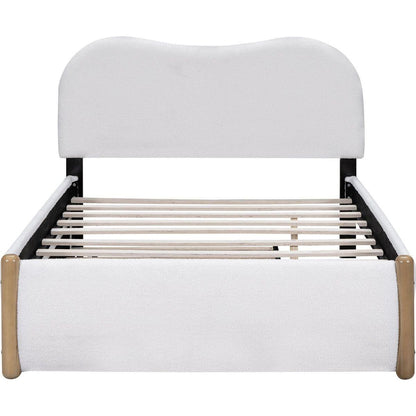 Full Size Upholstered Platform Bed with Wood Supporting Feet and Twin Size Trundle, White