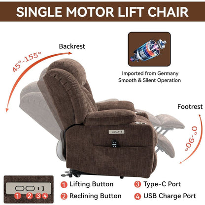 Up to 350 LBS Chenille Power Lift Recliner Chair, Heavy Duty Motion Mechanism with 8-Point Vibration Massage and Lumbar Heating, USB and Type-C Ports, Stainless Steel Cup Holders, Brown