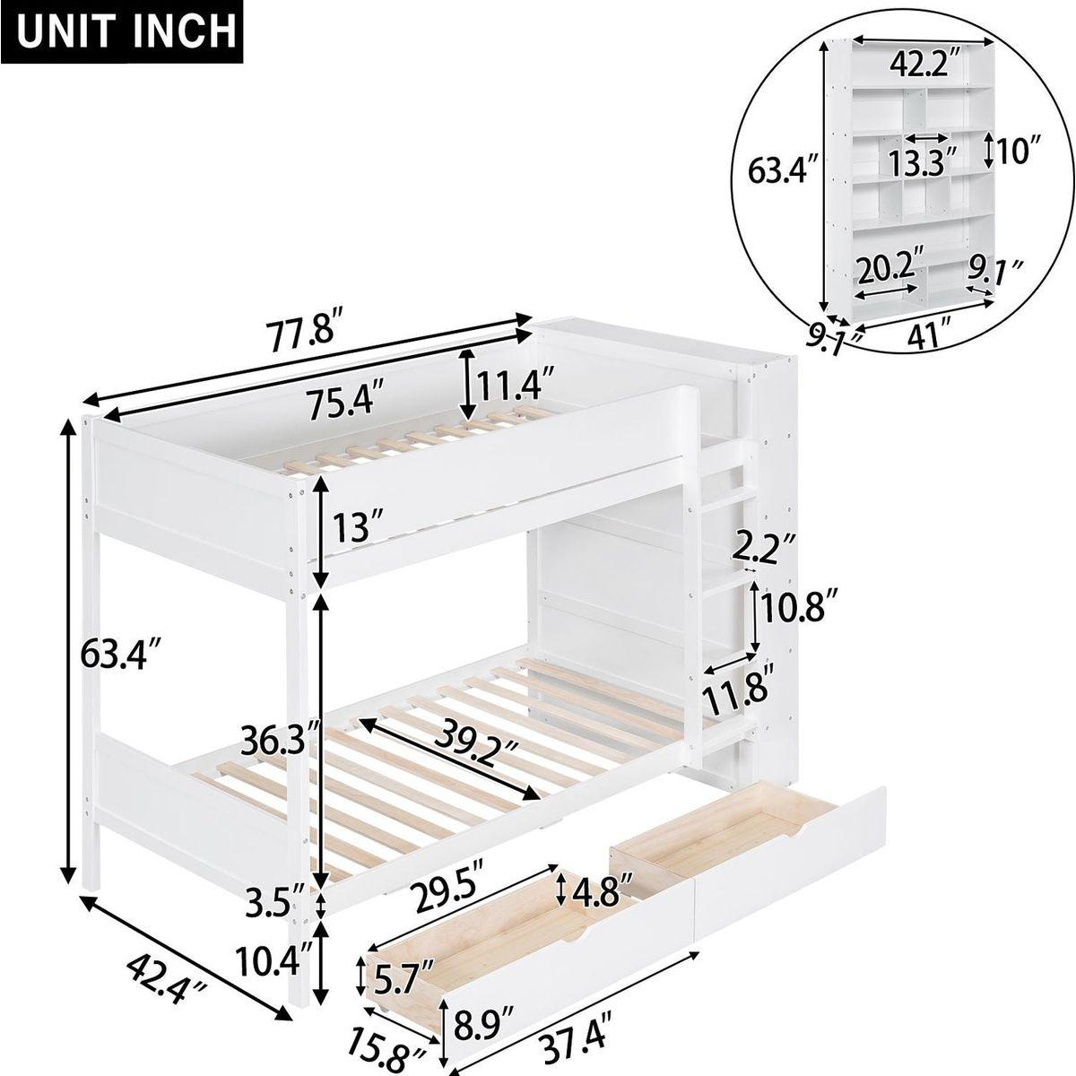Twin over Twin Bunk Bed With 2 Drawers and Multi-layer Cabinet, White