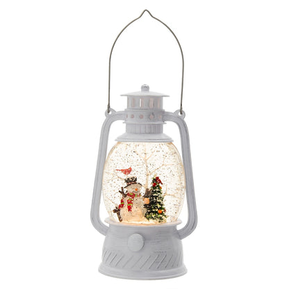 4.7x4.7x8.3'H Christmas Plastic/Resin White Lantern With Snowman & Tree Led/Water Spinning/6 Hours Timer, 3*AA Batteries Required