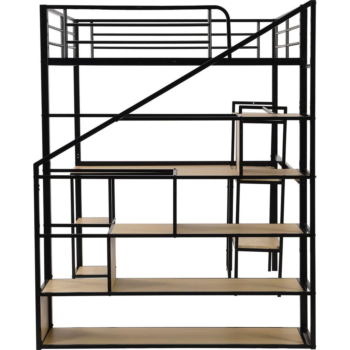 Full Size Metal Loft bed with Staircase, Built-in Desk and Shelves, Black