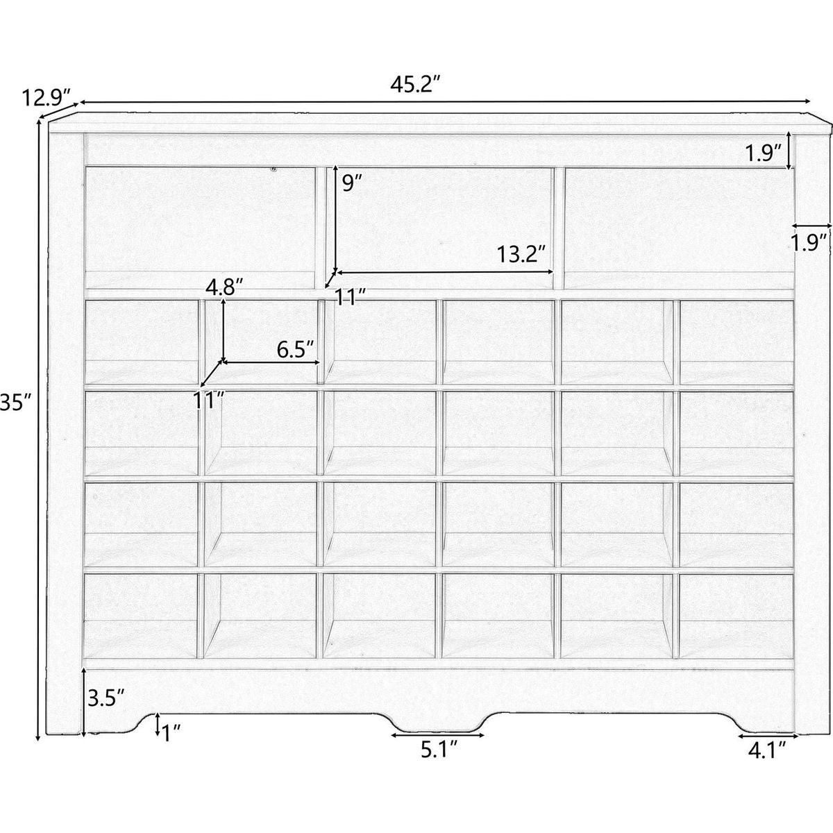 Sleek Design 24 Shoe Cubby Console, Modern Shoe Cabinet with Curved Base, Versatile Sideboard with High-quality for Hallway, Bedroom, Living Room, Rustic Brown