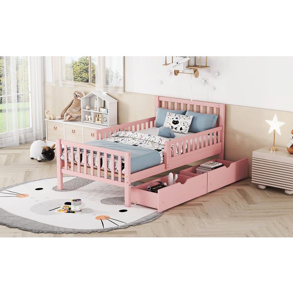 Twin Size Wood Platform Bed with Guardrails on Both Sides and Two Storage Drawers, Pink
