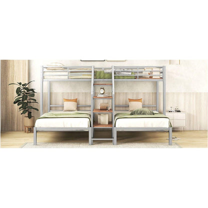 Metal Twin over Twin & Twin Bunk Bed, Triple Bunk Bed with Storage Shelves Staircase, Silver
