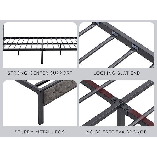 Queen Bed Frame with Storage Headboard, Charging Station and LED Lights, Upholstered Platform Bed with Heavy Metal Slats, No Box Spring Needed, Noise Free, Easy Assembly, Dark Gray