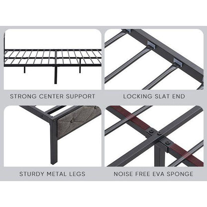 Queen Bed Frame with Storage Headboard, Charging Station and LED Lights, Upholstered Platform Bed with Heavy Metal Slats, No Box Spring Needed, Noise Free, Easy Assembly, Dark Gray