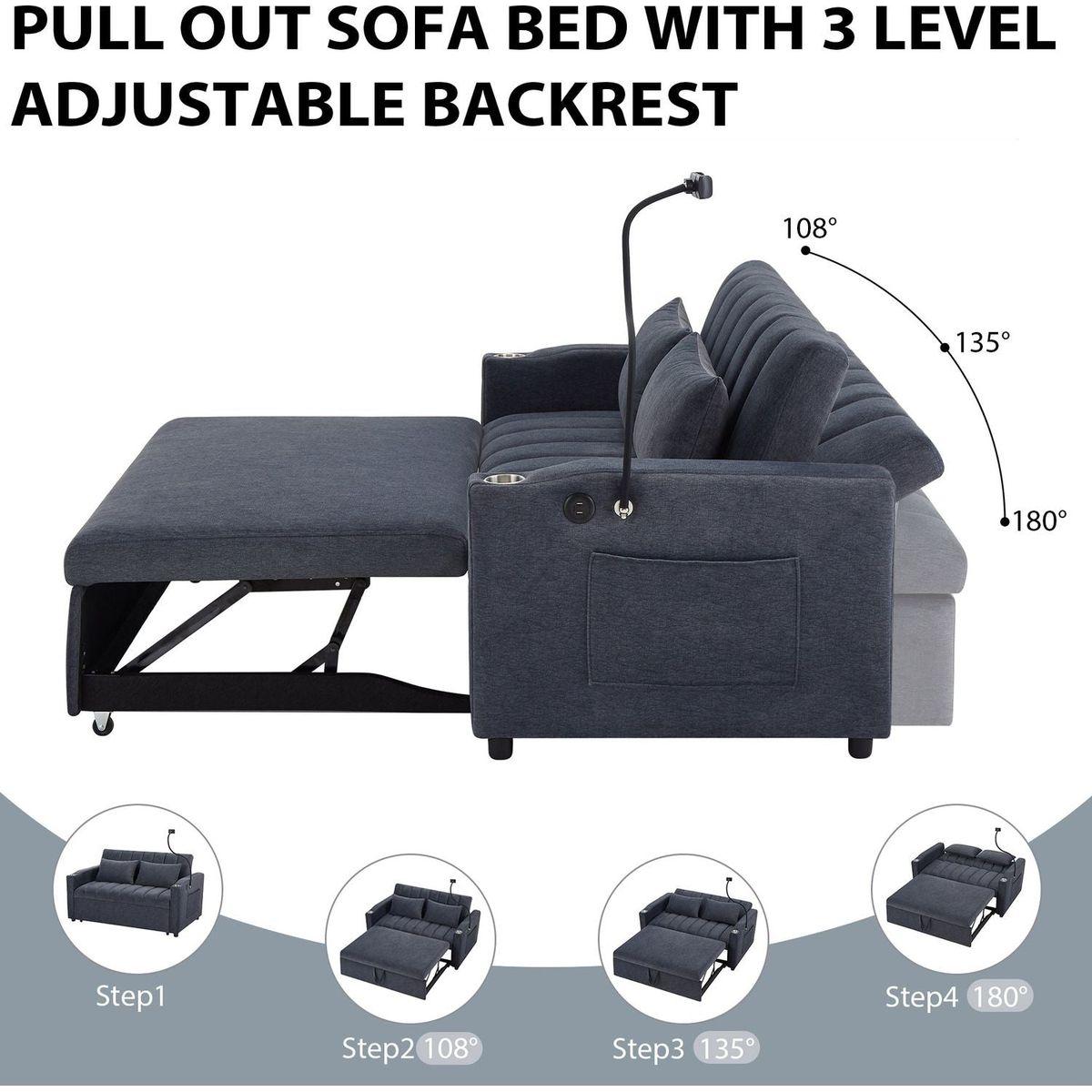 55.9" Convertible Sofa Bed Loveseat Sofa with Three USB Ports, Two Side Pockets, Two Cup Holders and 360Swivel Phone Holder for Living Room, Blue Grey