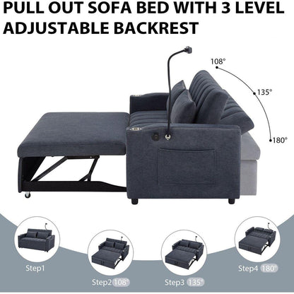 55.9" Convertible Sofa Bed Loveseat Sofa with Three USB Ports, Two Side Pockets, Two Cup Holders and 360Swivel Phone Holder for Living Room, Blue Grey