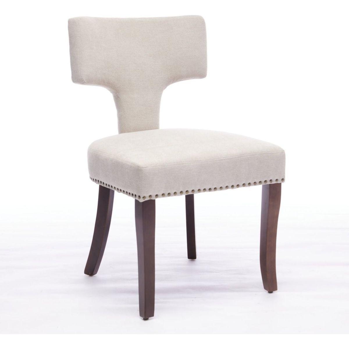 Mid Century Modern Dining Chairs Set of 2, Farmhouse Linen Fabric Upholstered Accent Chair Curved Backrest with Copper Nails around,Kitchen Chairs with Hardwood Frame, Beige