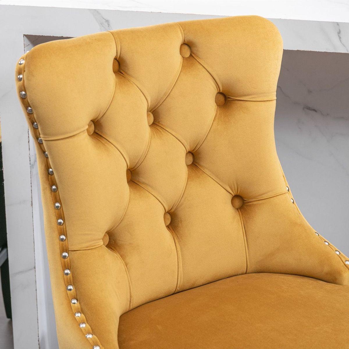 Contemporary Velvet Upholstered Barstools with Button Tufted Decoration and Wooden Legs, and Chrome Nailhead Trim, Leisure Style Bar Chairs,Bar stools, Set of 2 (Golden)