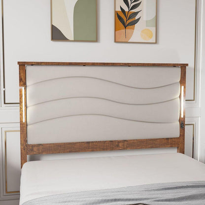 King Size Bed Frame with Upholstered Headboard, King Bed Frame with Charging Station and LED Lights, Wood Slats, Dark Gray Linen, No Box Spring Needed, Easy Assembly