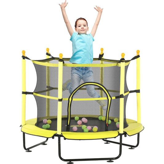 Qaba 4.6' Trampoline for Kids, 55 Inch Toddler Trampoline with Safety Enclosure & Ball Pit for Indoor or Outdoor Use, Built for Kids 3-10 Years, Yellow